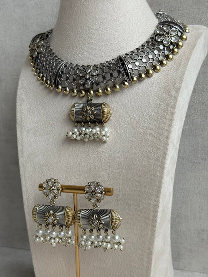 Ayura Designs Taal Necklace Set with Earrings & Tikka – Dual Tone Oxidised Mesh Necklace with Barrel Motifs & Pearl Detailing