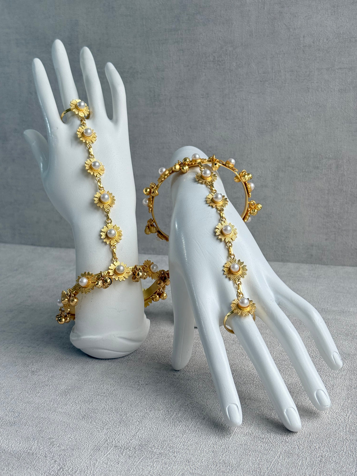 Ayura Designs Avanti Haathphool Set of 2 – Gold Finish Floral Hand Harness with Ivory Pearls & Ghungroo Detailing