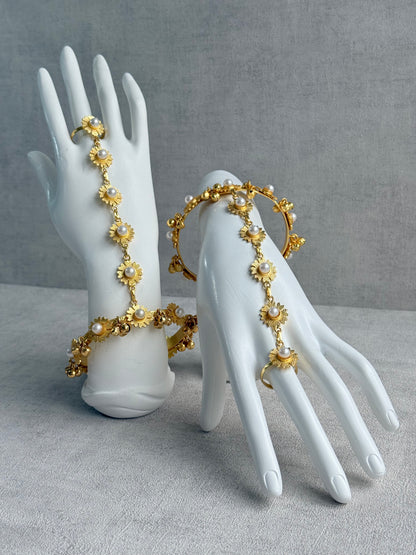 Ayura Designs Avanti Haathphool Set of 2 – Gold Finish Floral Hand Harness with Ivory Pearls & Ghungroo Detailing