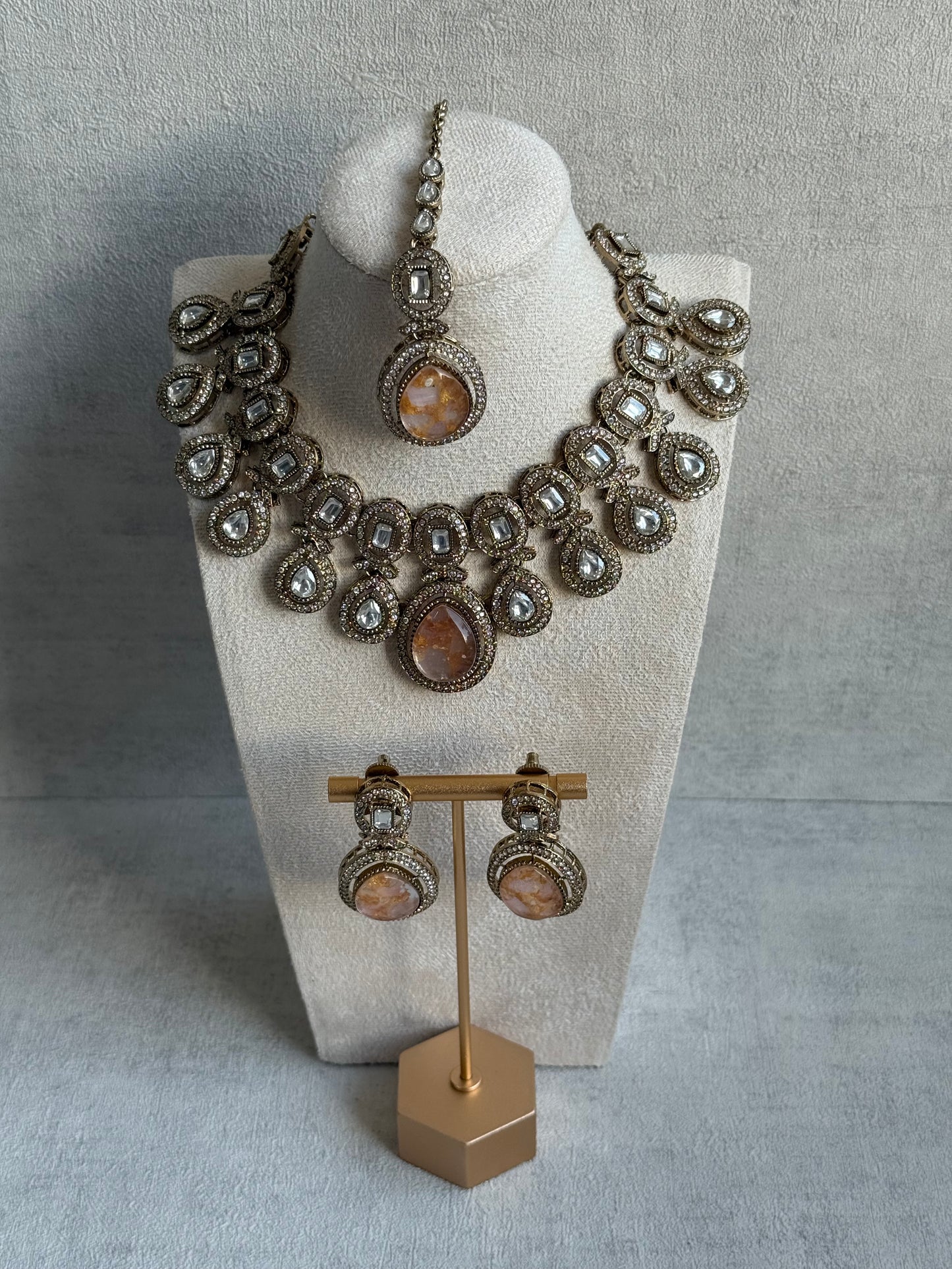 Ayura Designs Aurora Set with Earrings & Tikka – Peach & Ivory Stone with Mirror-Cut Accents in Antique Gold Finish