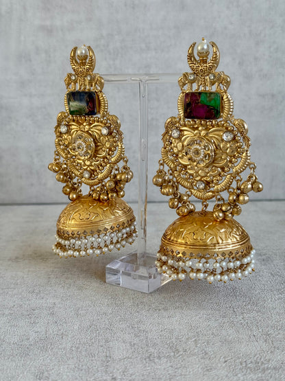 Ayura Designs Adeeba Earrings – Antique Gold Temple Jhumkas with Multicolour Stone Accent & Pearl Drops