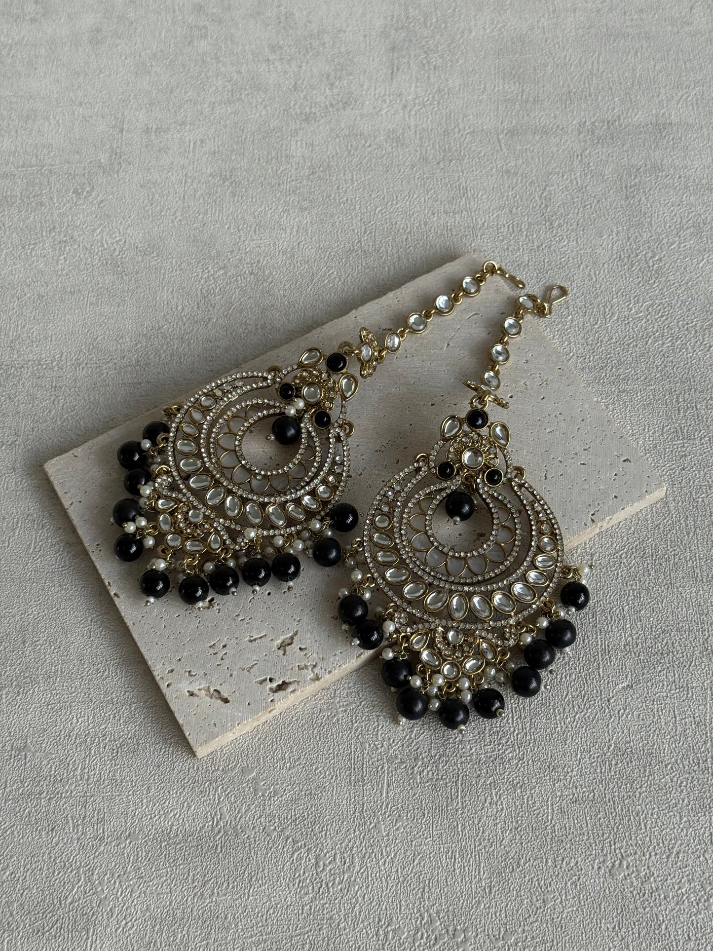 Ayura Designs Rabia Chandbalis – Antique Gold Kundan Earrings with Black Beads, Pearls & Attached Sahare