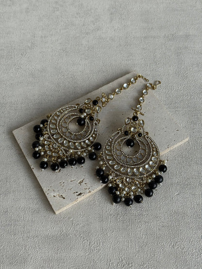 Ayura Designs Rabia Chandbalis – Antique Gold Kundan Earrings with Black Beads, Pearls & Attached Sahare