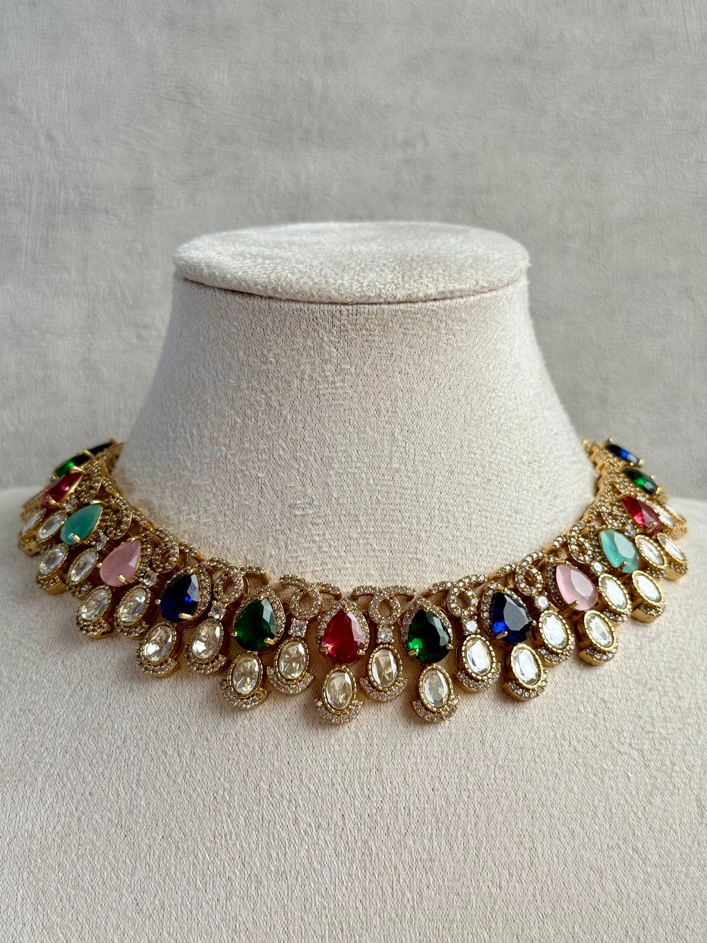 Ayura Designs Sylvie Necklace Set with Earrings – Gold Finish with Moissanite Crystals & Multicolour Stones