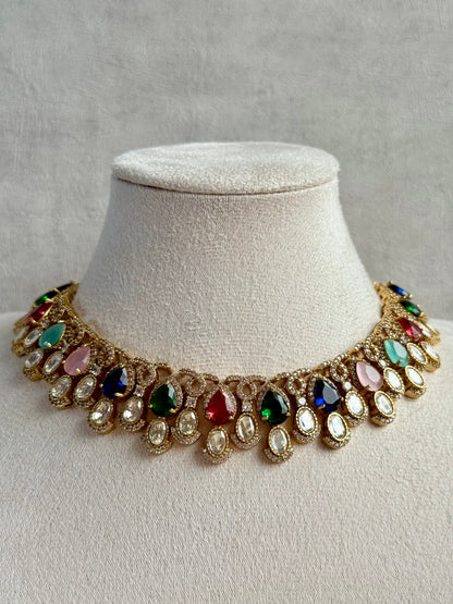 Ayura Designs Sylvie Necklace Set with Earrings – Gold Finish with Moissanite Crystals & Multicolour Stones