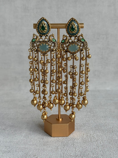 Ayura Designs Pakhi Earrings – Peacock Statement Earrings with Green Stones & Ghungroo Chain Tassels