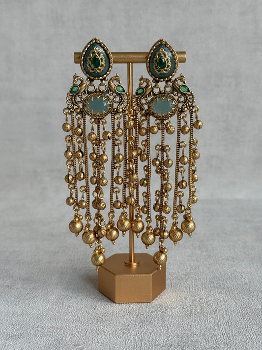 Ayura Designs Pakhi Earrings – Peacock Statement Earrings with Green Stones & Ghungroo Chain Tassels