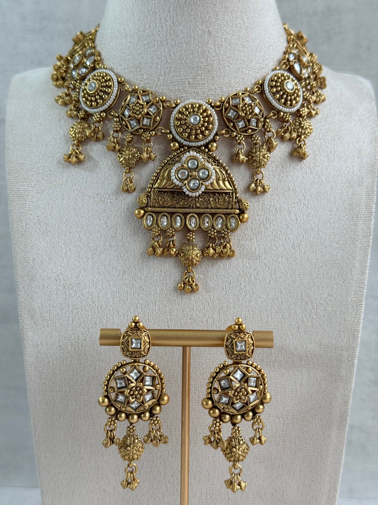 Ayura Designs Kriti Necklace Set with Earrings – Antique Gold Kundan Design with Ivory Pearls & Ghungroo Detailing