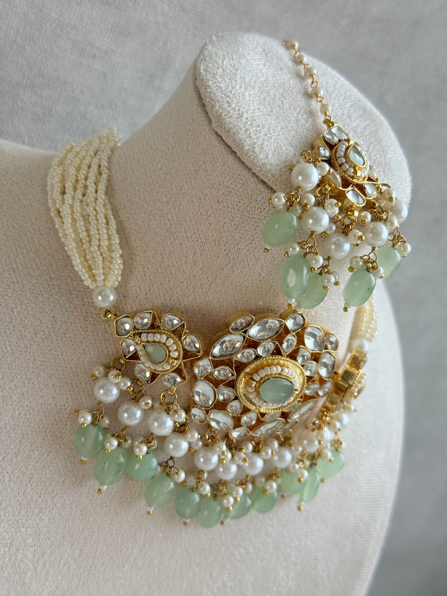 Ayura Designs Tasveer Pachi Kundan Choker Set with Earrings, Tikka & Mint Green Bead Detailing