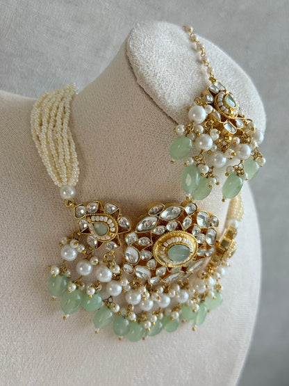 Ayura Designs Tasveer Pachi Kundan Choker Set with Earrings, Tikka & Mint Green Bead Detailing