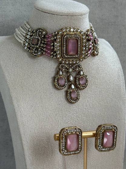 Ayura Designs Nabiha Choker Set with Studs – Blush Pink Stones, Pearl Detailing & Antique Gold Finish