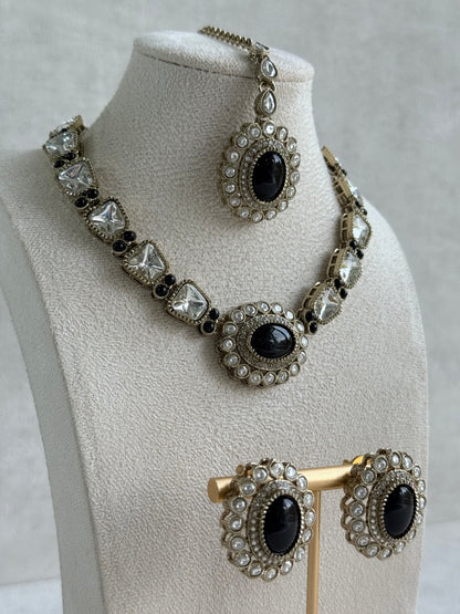 Ayura Designs Inza Necklace Set – Black Stones, Kundan & Crystals with Antique Gold Finish