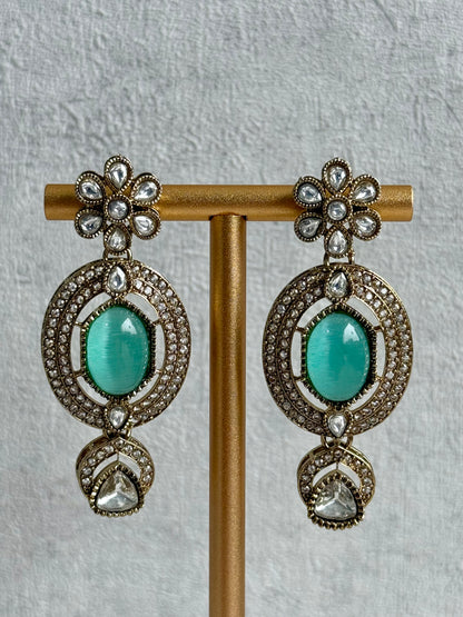 Ayura Designs Emanya Choker Set – Choker, Earrings & Tikka with Mirror-Cut Stones, Aqua & Antique Gold Detailing