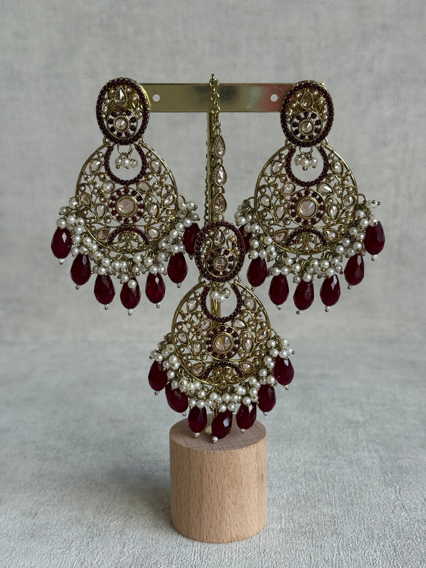 Ayura Designs Almas Tikka Set with Earrings, Tikka & Sahara – Deep Maroon Beads & Antique Gold Finish