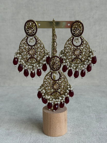 Ayura Designs Almas Tikka Set with Earrings, Tikka & Sahara – Deep Maroon Beads & Antique Gold Finish