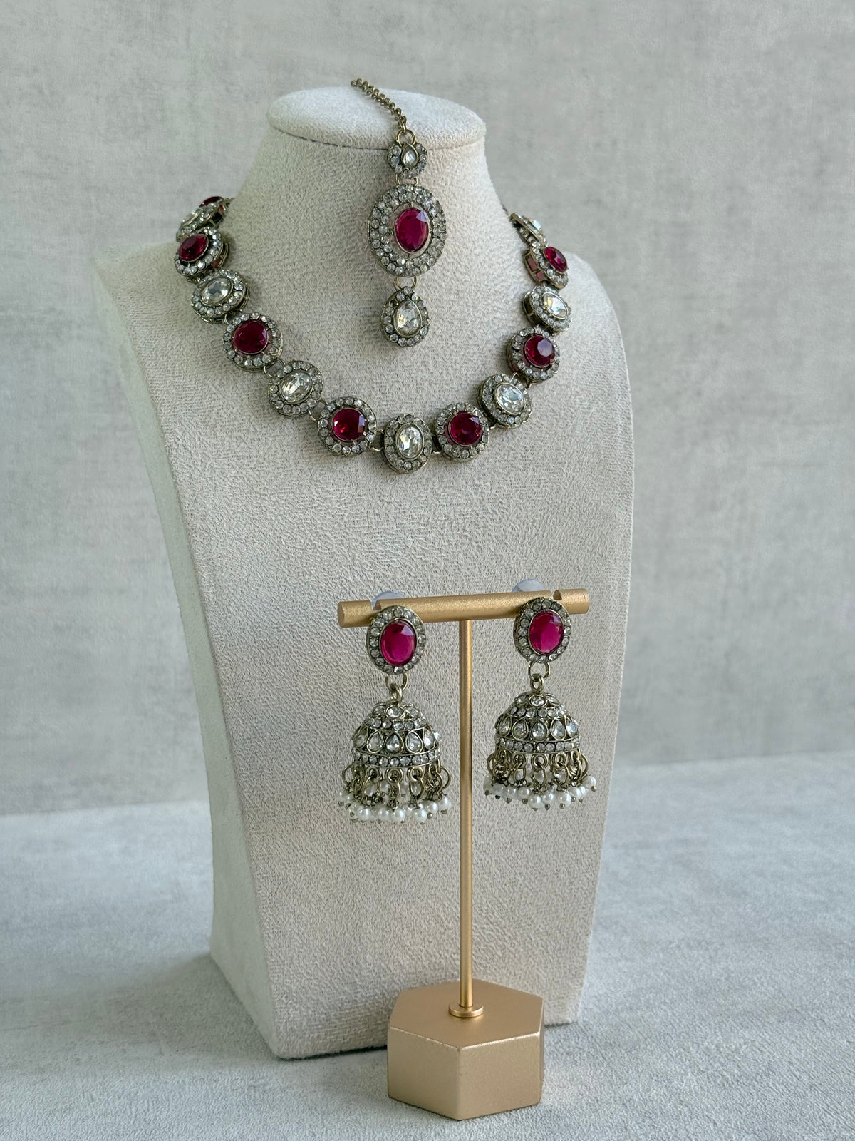 Ayura Designs Eira Necklace Set with Earrings & Tikka – Rani Pink & Crystal Stones with Antique Gold Finish