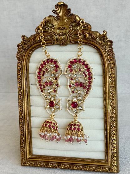 Ayura Designs Urisha Ear Climber Jhumkis – Ruby Pink, Kundan & Pearl Detailing