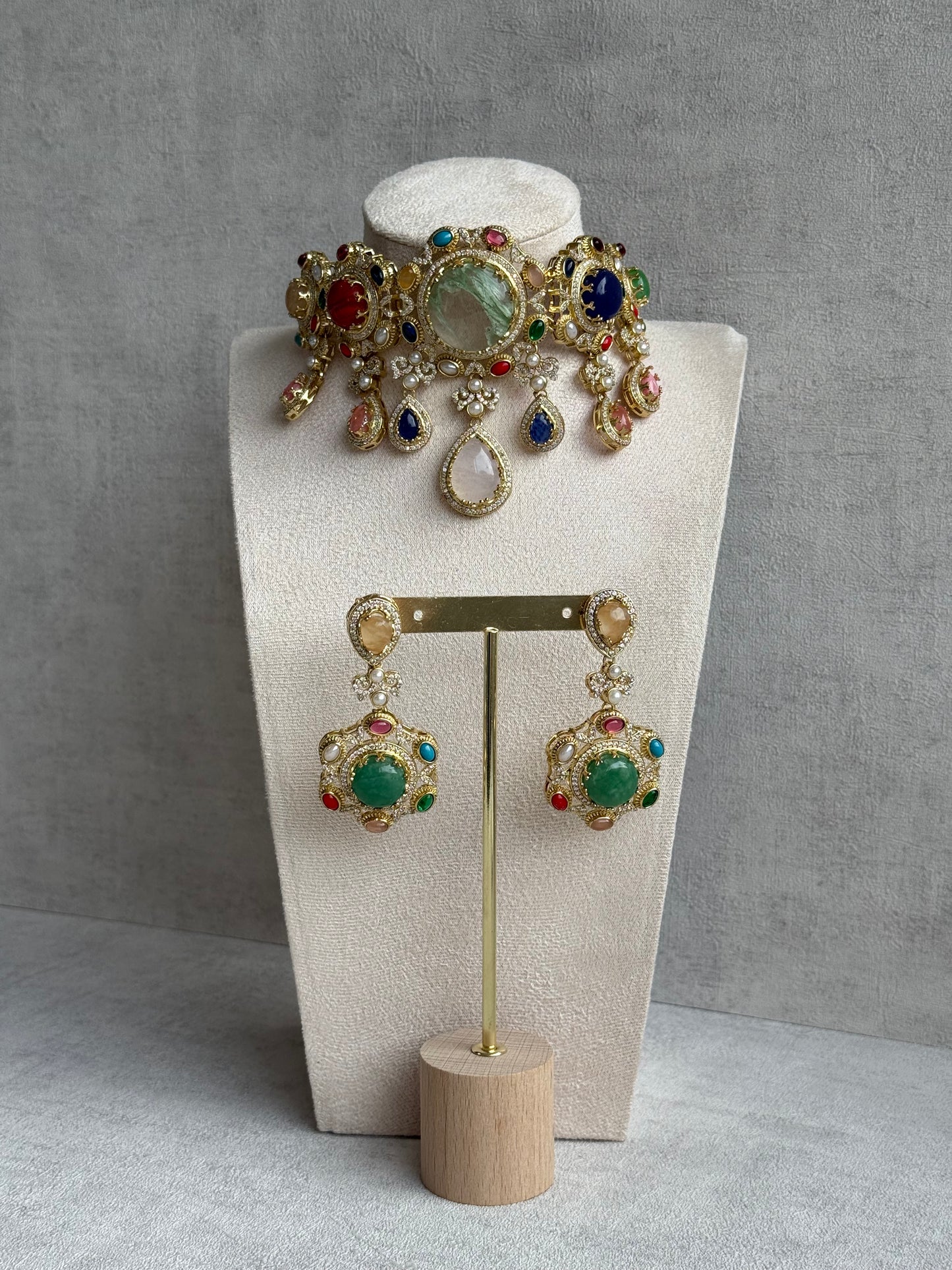 Ayura Designs Willow Choker Set – Statement Multicolour Stone Choker with Pearls & Antique Gold Detailing