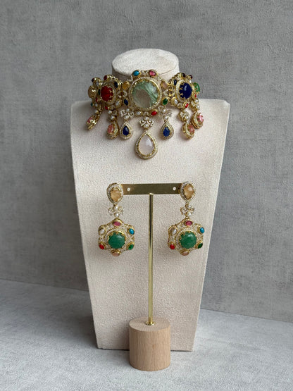 Ayura Designs Willow Choker Set – Statement Multicolour Stone Choker with Pearls & Antique Gold Detailing
