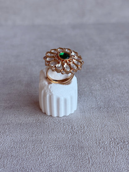 Ayura Designs Luisa Adjustable Ring – Emerald Green Centre Stone with Crystal Petal Detailing