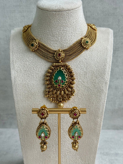 Ayura Designs Ishani Set – Necklace & Earrings with Antique Gold Finish, Pistachio Enamel, Ruby & Polki Detailing