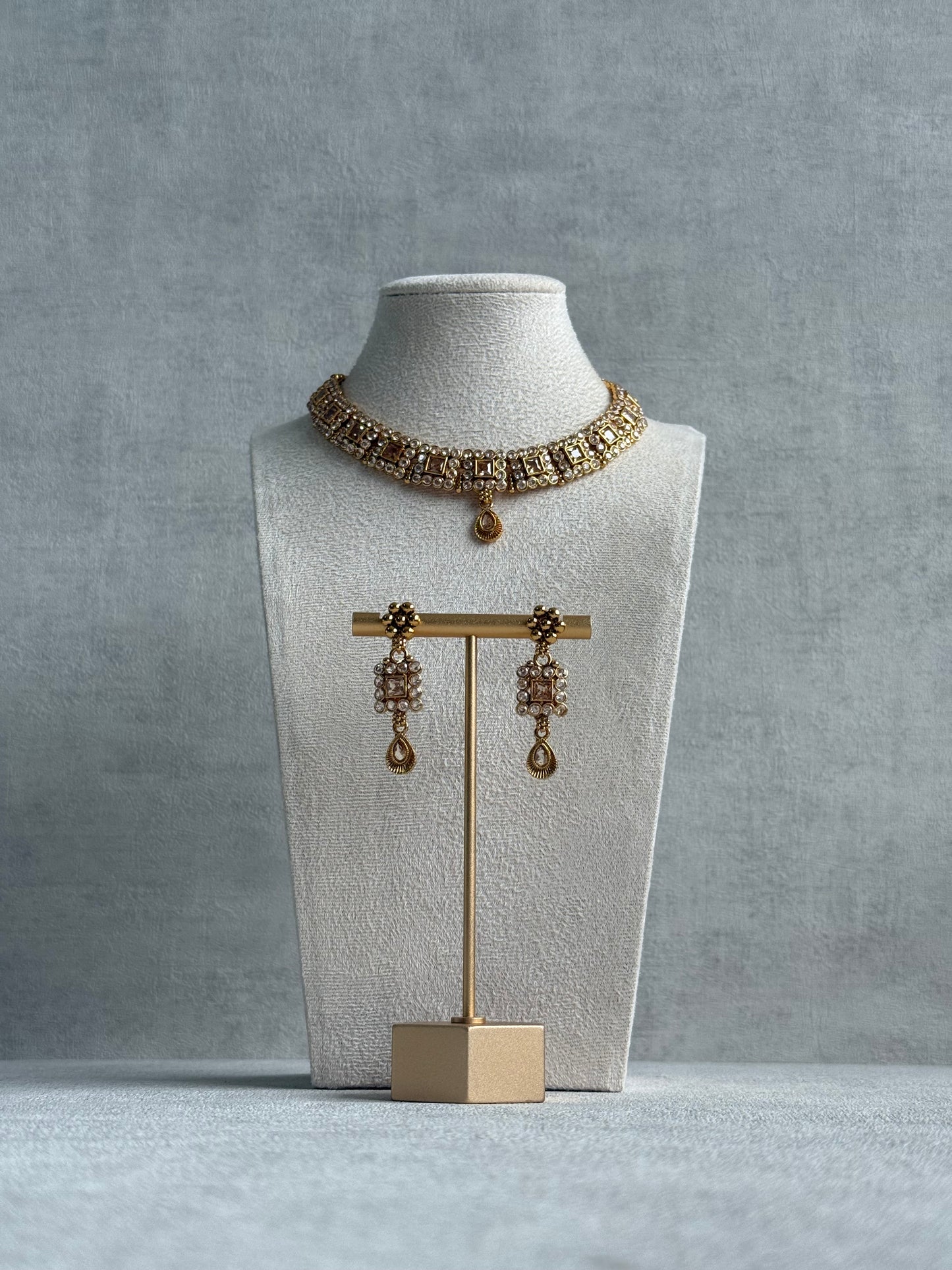 Ayura Designs Yashna Set – Necklace & Earrings with Champagne Kundan and Pearl Detailing in Antique Gold Finish