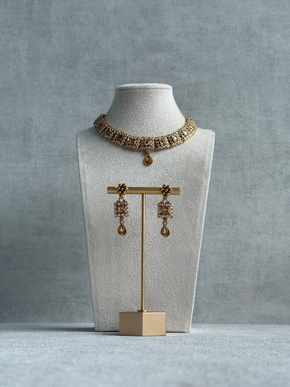 Ayura Designs Yashna Set – Necklace & Earrings with Champagne Kundan and Pearl Detailing in Antique Gold Finish