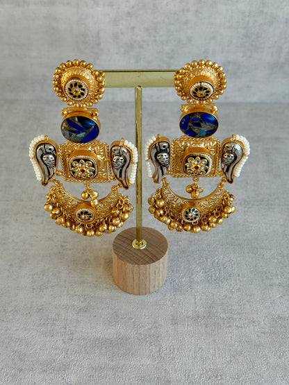 Ayura Designs Soha Earrings – Antique Gold with Midnight Blue Stone & Oxidised Parrots