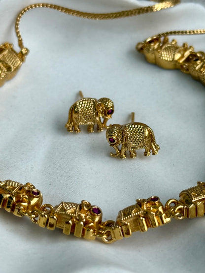Ayura Designs Veda Set – Antique Gold Necklace & Stud Earrings with Elephant Motifs and Pink Stone Detailing