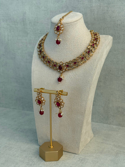 Ayura Designs Biju Set with Necklace, Earrings & Tikka – Fuchsia Pink & Ivory Pearls, Mirror-Cut Stones, Antique Gold Finish