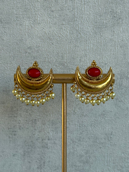 Ayura Designs Laksha Set with Earrings – Antique Gold Crescent Motifs, Multicolour Stones & Pearl Detailing