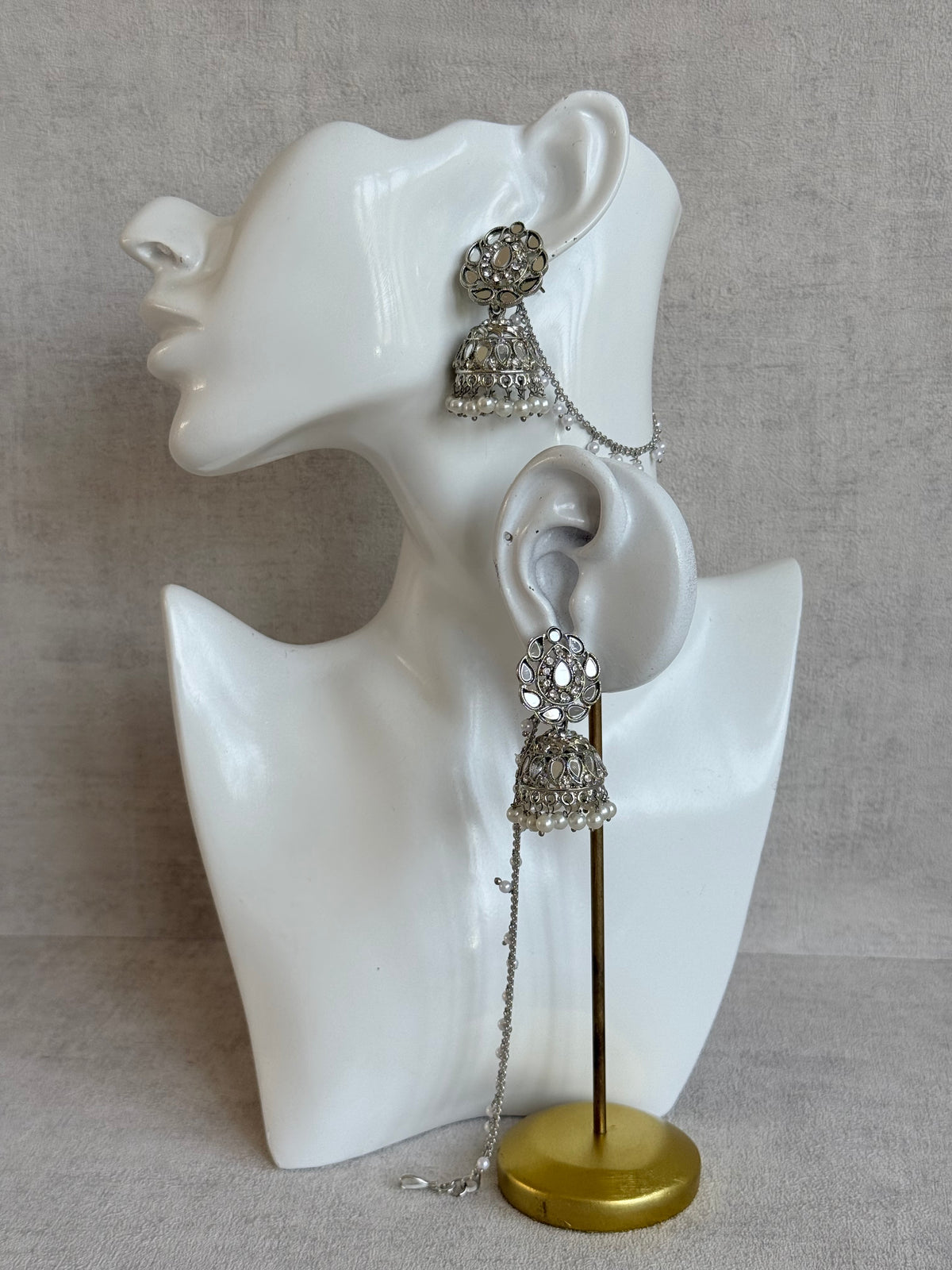 Ayura Designs Mira Jhumkis – Silver Mirror-Cut Earrings with Detachable Single-Layer Pearl Sahare