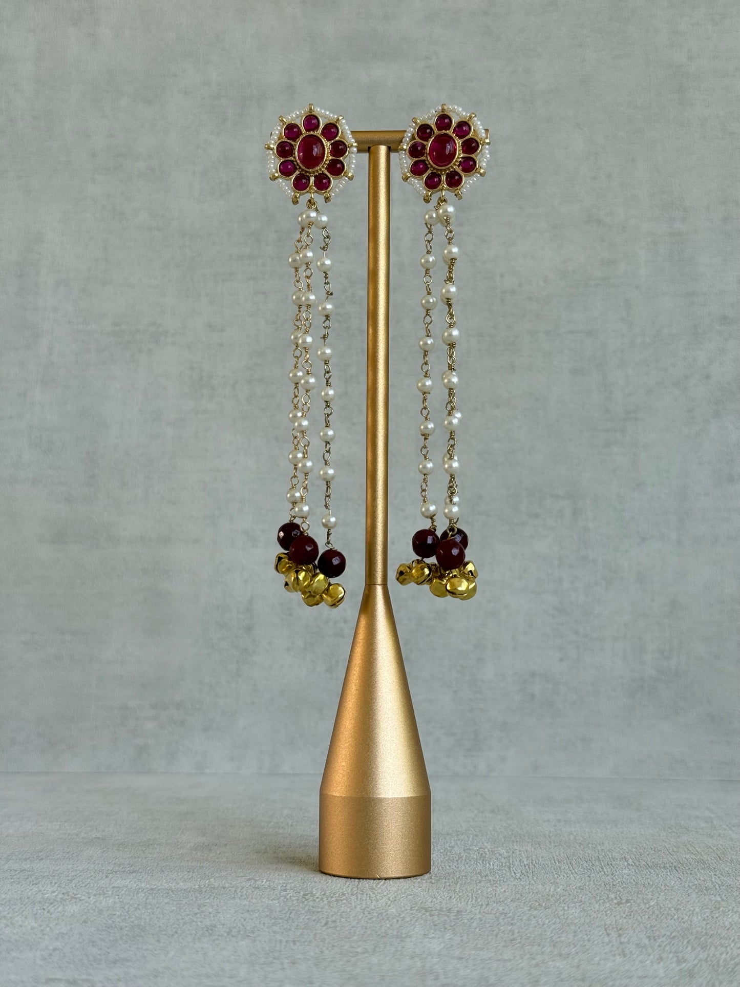 Ayura Designs Noorzar Earrings – Duster Earrings with Ruby Pink Stones, Maroon Beads, Pearl Chains & Ghungroo Detailing