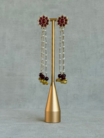 Ayura Designs Noorzar Earrings – Duster Earrings with Ruby Pink Stones, Maroon Beads, Pearl Chains & Ghungroo Detailing