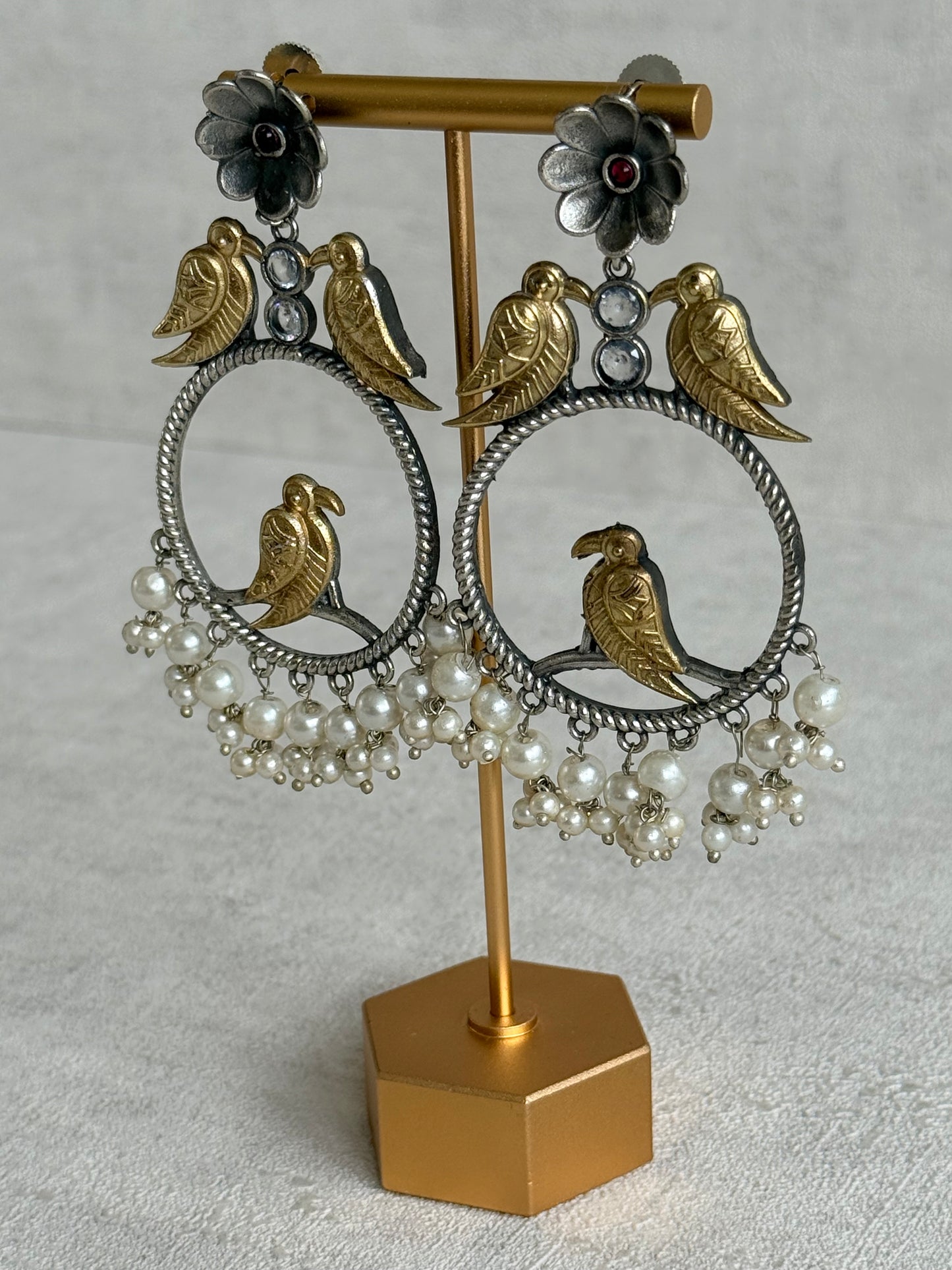 Ayura Designs Wasl Earrings – Dual Tone Oxidised Bird Hoop Earrings with Pearl Clusters