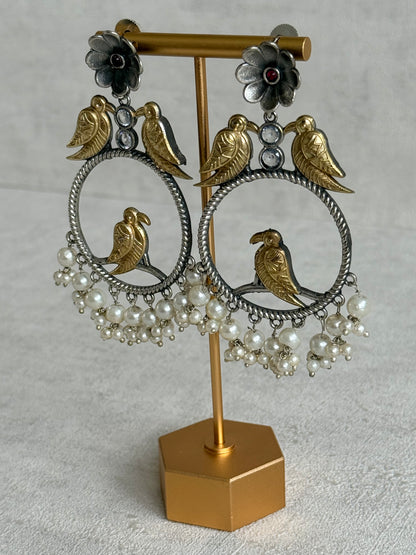 Ayura Designs Wasl Earrings – Dual Tone Oxidised Bird Hoop Earrings with Pearl Clusters
