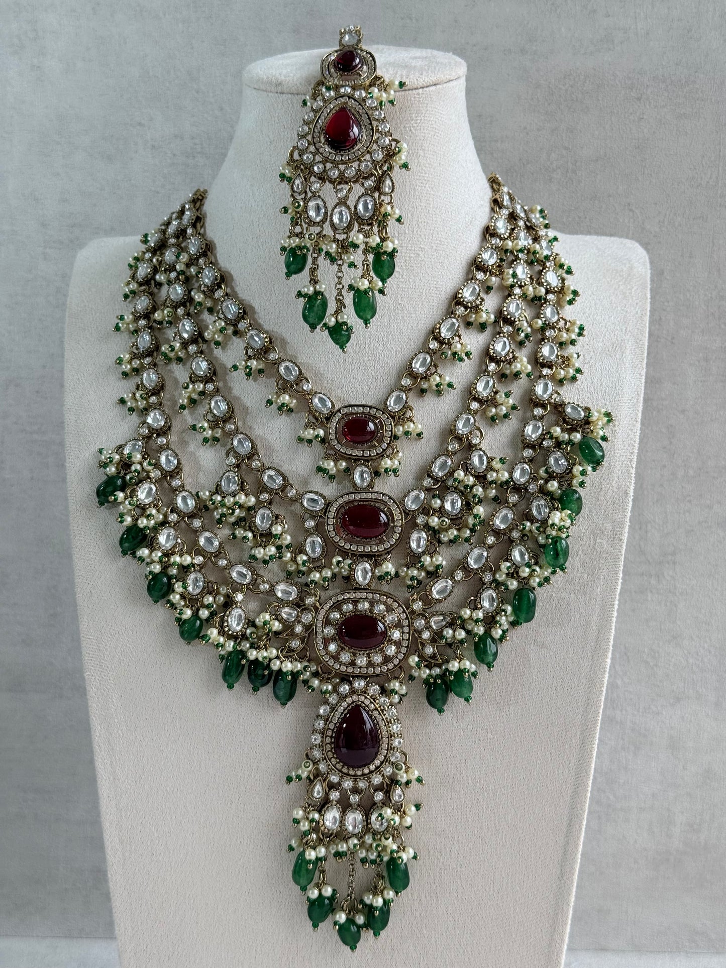 Ayura Designs Sahra Bridal Set with Earrings & Tikka – Ruby Red, Emerald Green, Kundan Stones & Pearls in Antique Gold Finish