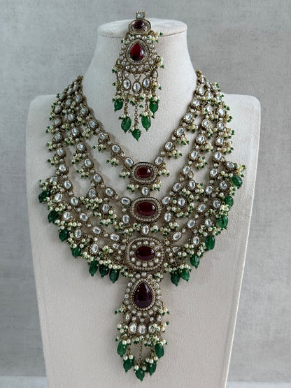 Ayura Designs Sahra Bridal Set with Earrings & Tikka – Ruby Red, Emerald Green, Kundan Stones & Pearls in Antique Gold Finish