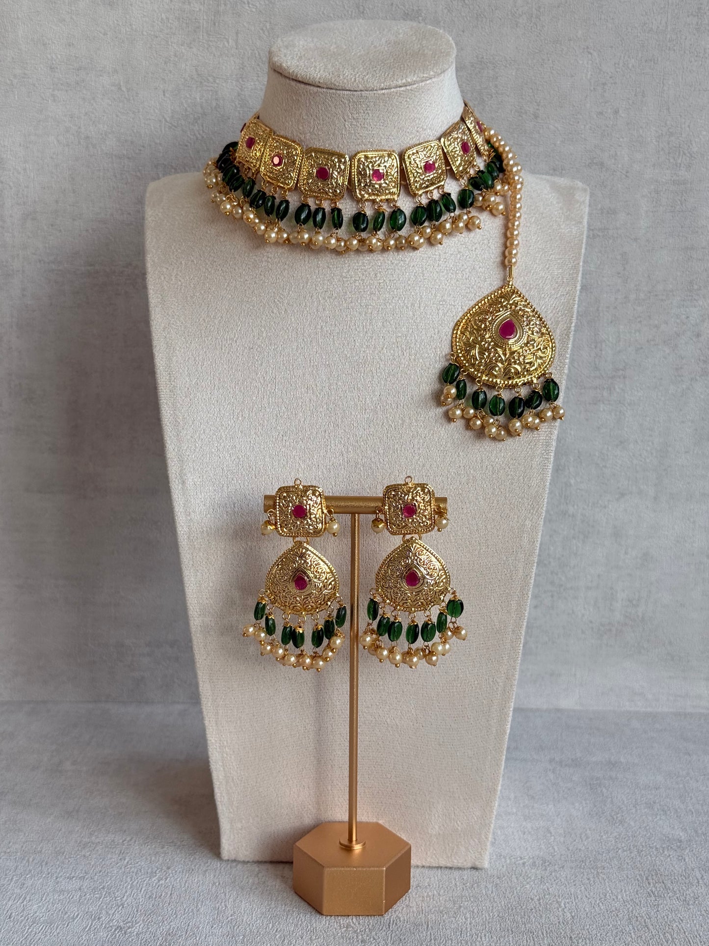 Ayura Designs Chetna Choker Set with Earrings & Tikka – Emerald Green Beads, Cream Pearl Drops with Pipal Patti Detailing