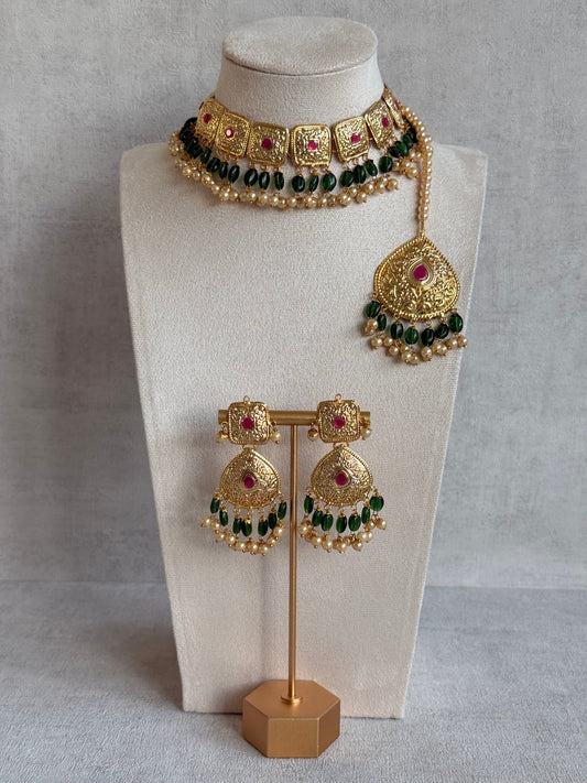 Ayura Designs Chetna Choker Set with Earrings & Tikka – Emerald Green Beads, Cream Pearl Drops with Pipal Patti Detailing