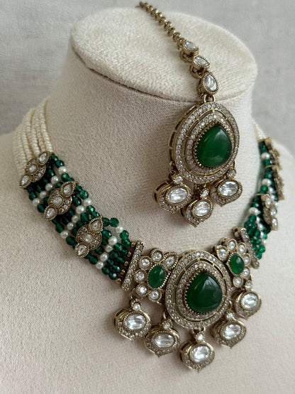 Ayura Designs Rahi Necklace Set with Earrings & Tikka – Emerald Green Stones with Mirror-Cut Detailing & Pearl Strands