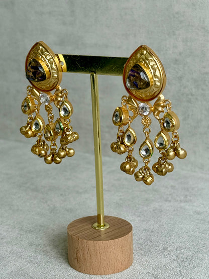 Ayura Designs Arheer Earrings – Violet & Gold Marble with Kundan Detailing & Antique Gold Ghungroos