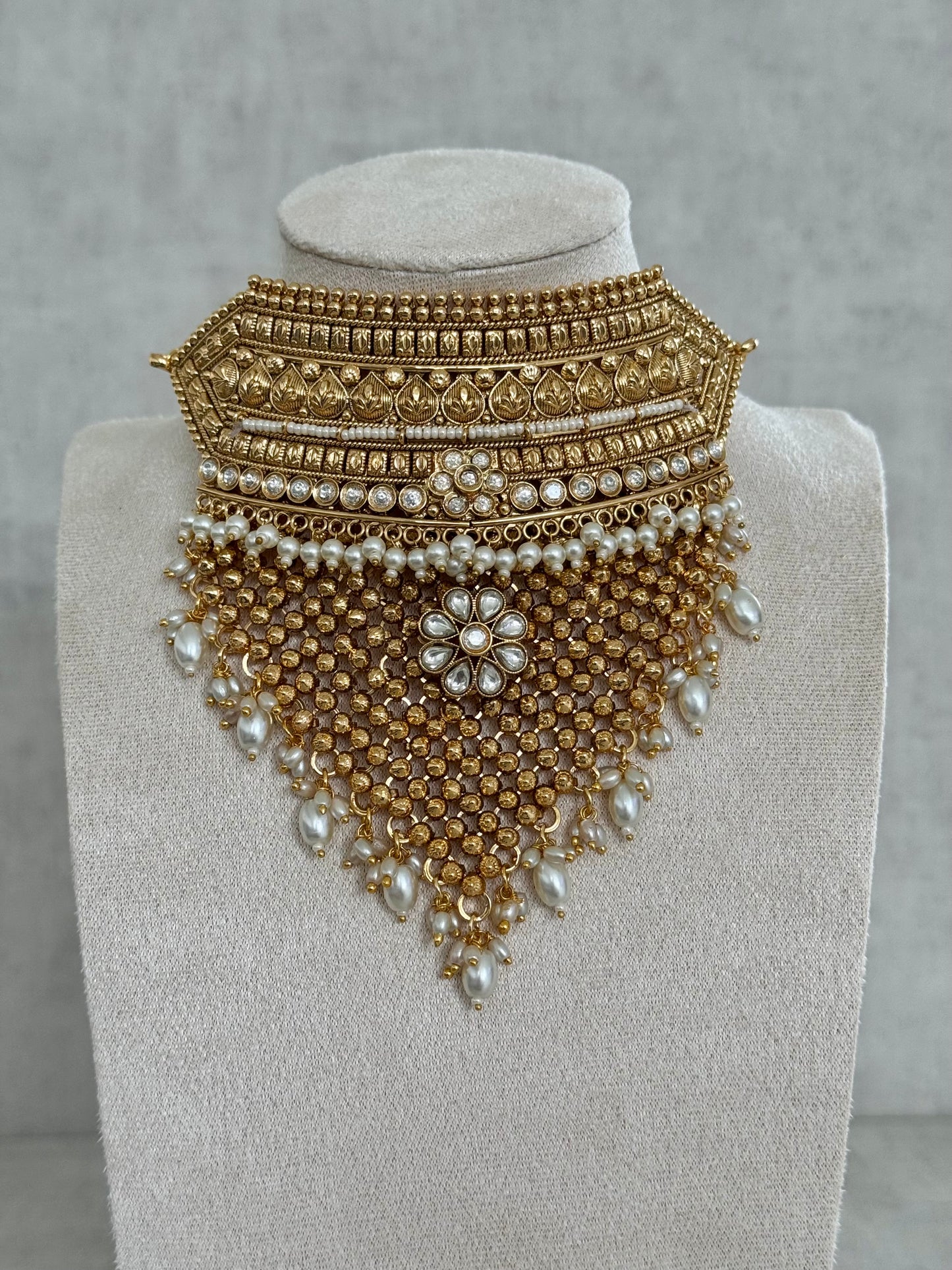 Ayura Designs Zuri Set with Tikka and Jhumkis - Antique Gold, Pearls and Kundan Work