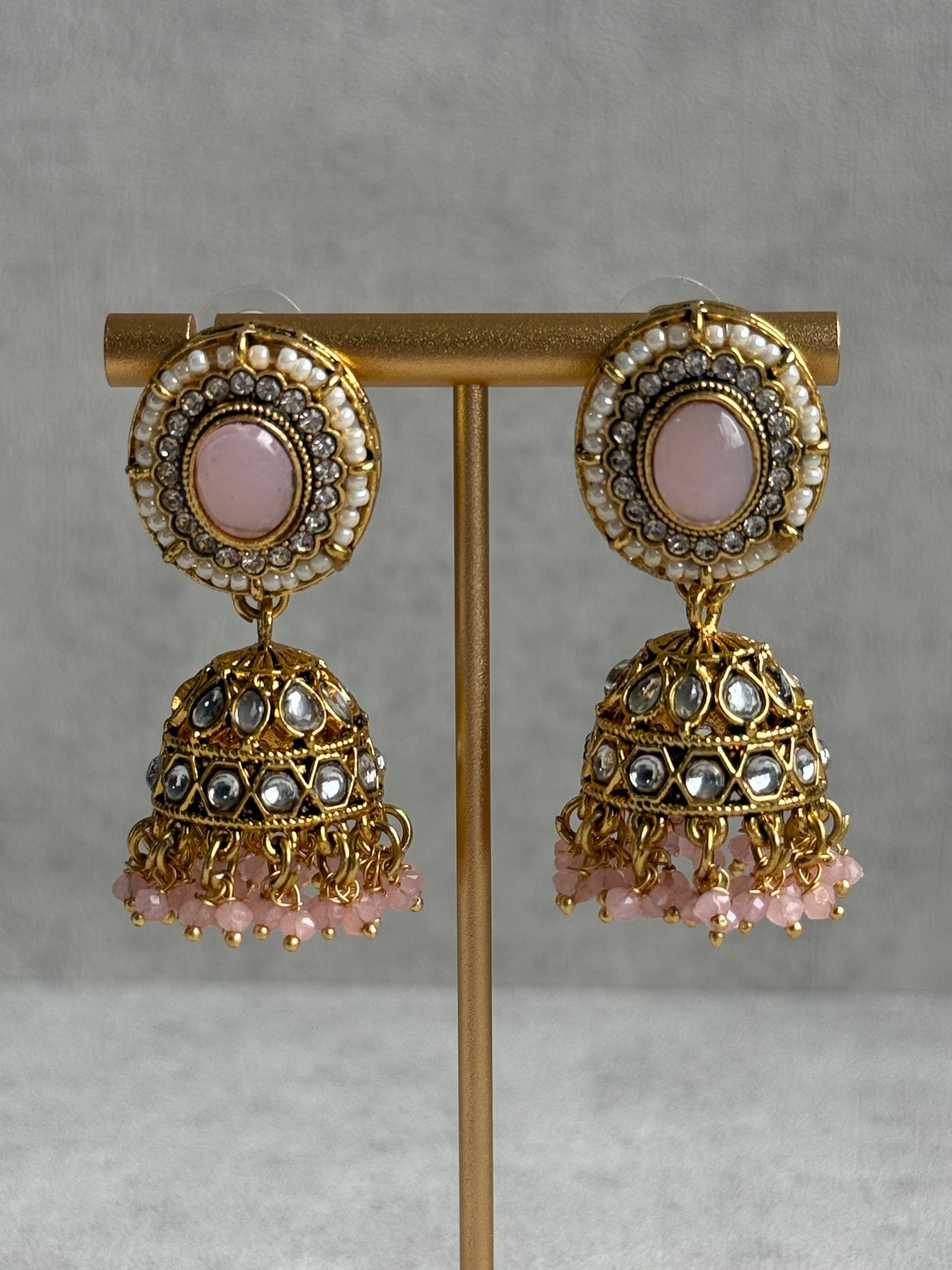Ayura Designs Muskaan Set – Choker, Jhumkis & Tikka with Blush Pink Beads, Kundan Stones & Antique Gold Finish
