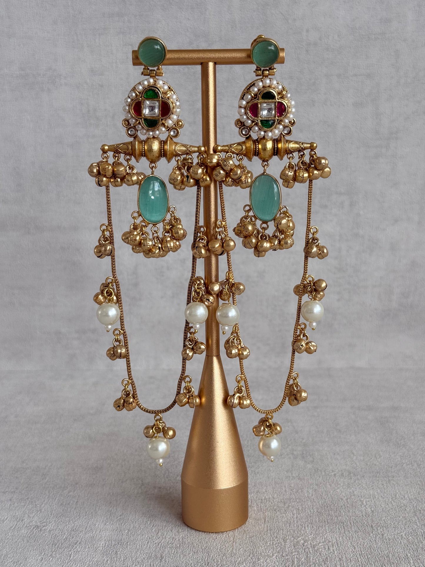 Ayura Designs Kashifa Earrings – Kashmiri Earrings with Mint Green Stone, Ghungroo Detailing & Pearl Drops