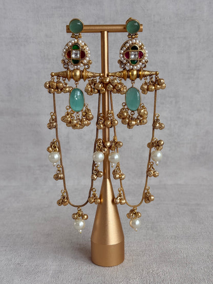 Ayura Designs Kashifa Earrings – Kashmiri Earrings with Mint Green Stone, Ghungroo Detailing & Pearl Drops