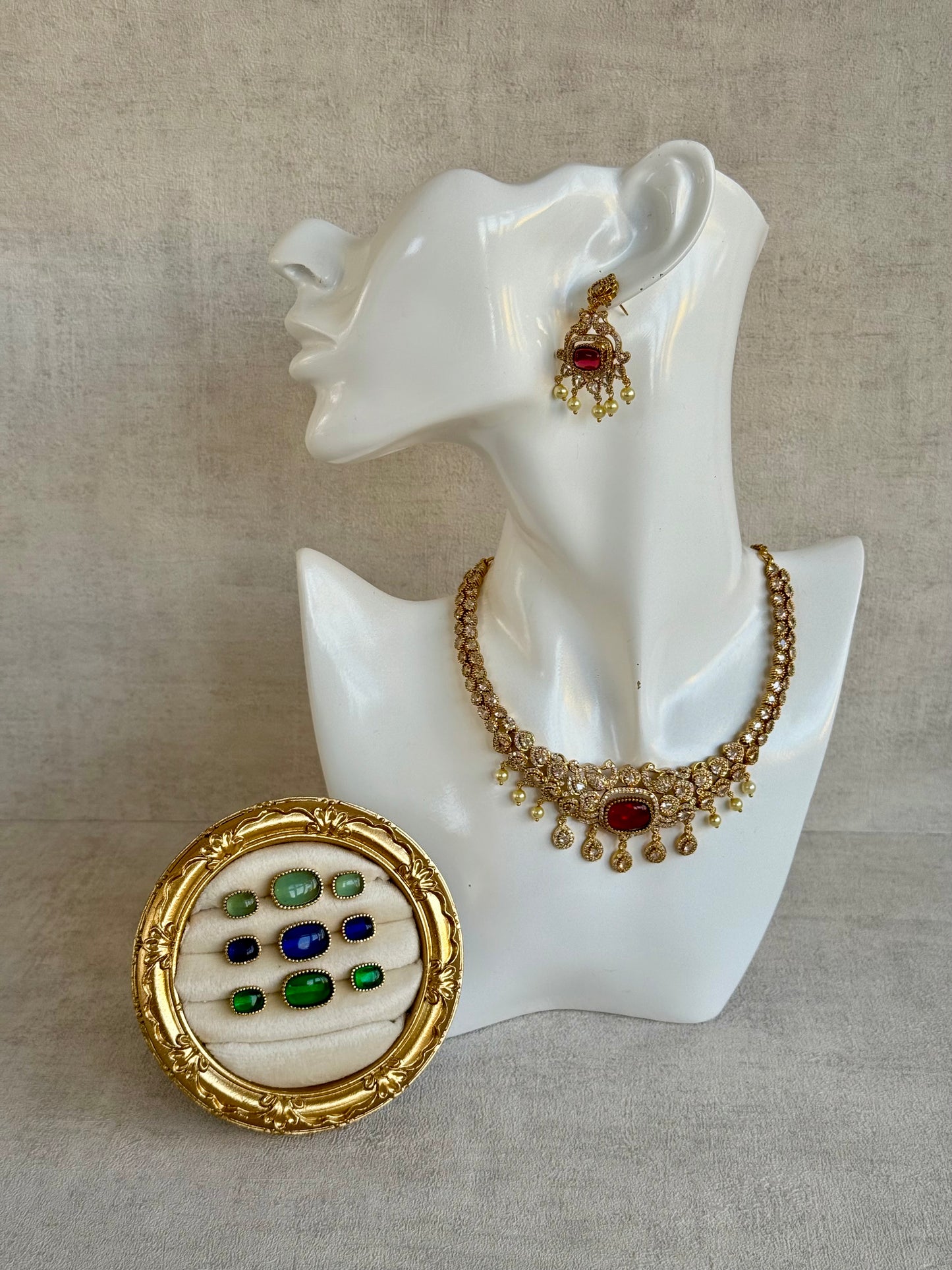 Ayura Designs Amreen Set with Earrings – Interchangeable Centre Stones with Peacock Motifs, Crystal Detailing & Pearl Drops