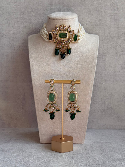 Ayura Designs Raaz Set with Necklace & Earrings – Emerald Green Stones, Kundan Detailing & Antique Gold Finish