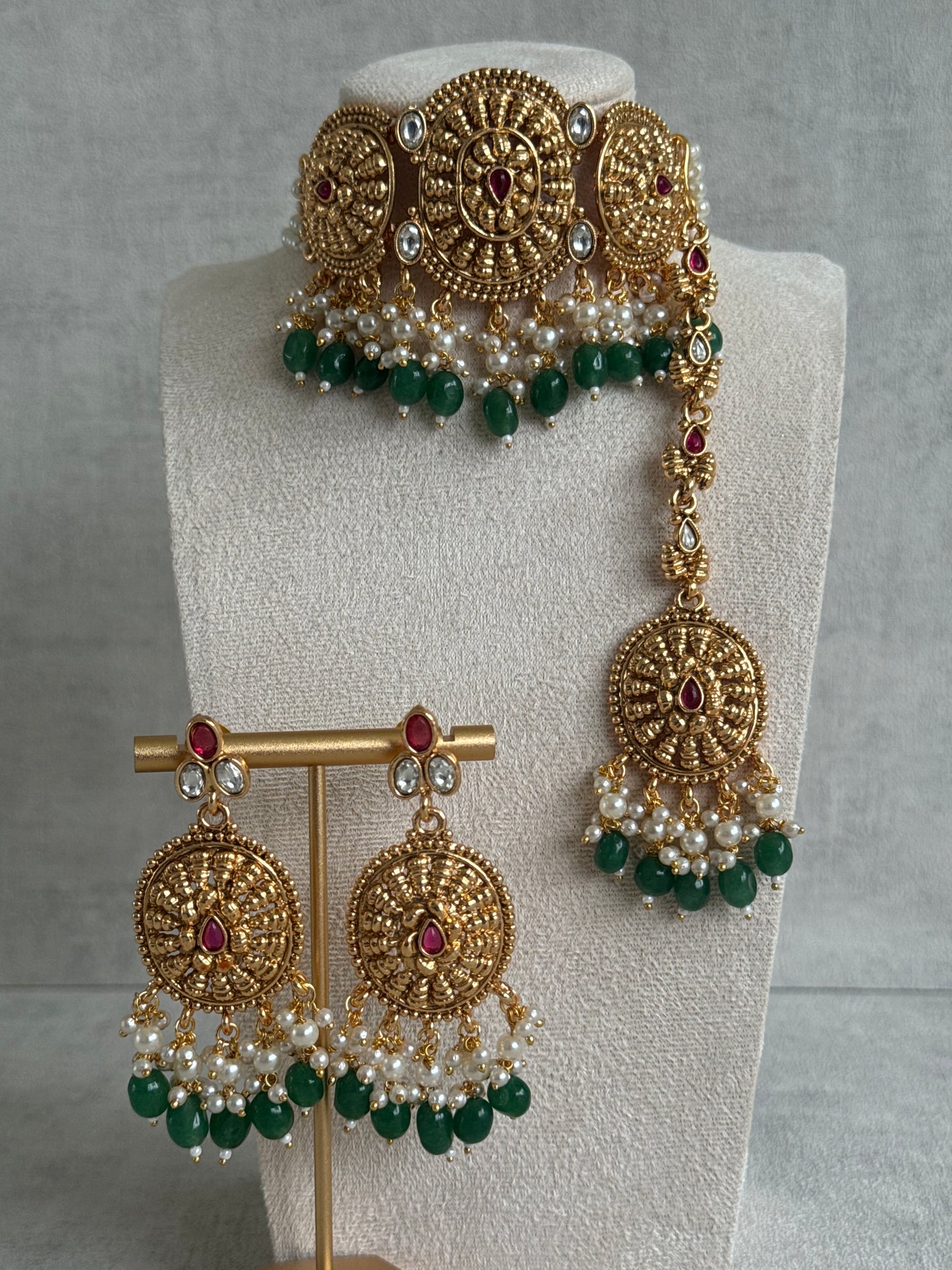 Ayura Designs Tanveer Choker Set with Earrings & Tikka – Antique Gold with Mirror-Cut Stones, Ruby & Emerald Beads