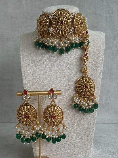 Ayura Designs Tanveer Choker Set with Earrings & Tikka – Antique Gold with Mirror-Cut Stones, Ruby & Emerald Beads